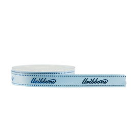 Logo Cembung Dicetak Pita Satin Foil Biru Emas Pencetakan Bahan Poliester