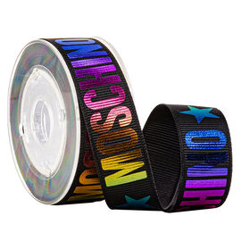 Hitam Dicetak Grosgrain Ribbon Foil Rainbow Gold Untuk Kemasan Hadiah Liburan