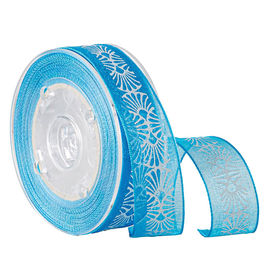 Personalisasi Layar Tinta Pencetakan Putih Biru 19mm Organza Sheer Ribbon